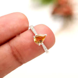 Banda de corte de pera de piedra citrino Natural, chapado en rodio, ajuste de punta de Plata de Ley 925, anillo minimalista, bandas de compromiso para mujeres y niñas - Product Image 2