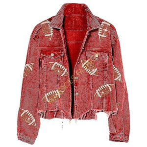 Chaqueta de lentejuelas de pana roja para mujer-Abrigo recortado de rugby con parches con acabado desgastado para chaquetas de lentejuelas - Product Image 4
