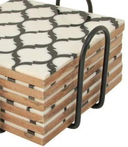 Ensemble de sous-verres classiques en noyer écologiques avec incrustations d'os, design géométrique noir et blanc pour cuisine moderne - Product Image 3