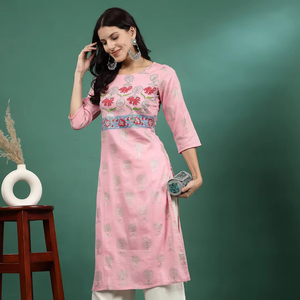Haute sur demande à la mode Top qualité femmes rose broderie droite Kurta brodé avec travail imprimé exportateur indien - Product Image 1