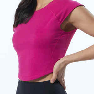 Fit 95% coton 5% Spandex ajusté mancherons Raglan en forme de col rond femmes Arcade rose Scoop ourlet Crop T-Shirts - Product Image 5