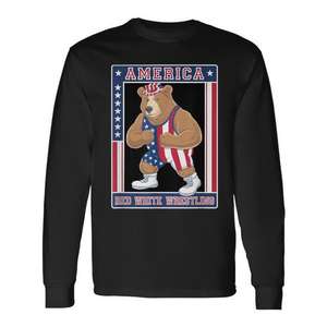 America Bear Wrestling Red White Pride T-shirt à manches longues unisexe à col rond pour adulte, vêtements de sport - Product Image 1