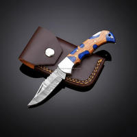Couteau pliant en acier Damas Nordic Forge, verrouillage arrière, manche en résine et bois d'olivier, étui, couteau de poche EDC pour le camping et la chasse