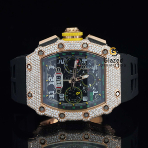 สมาร์ทวอทช์ฮิปฮอปของผู้ชาย Moissanite CUT VVS เพชรใสเป็นประกายเข็มขัดยางสีดำฟังก์ชั่นวันที่กระจกเสริมเหล็ก - Product Image 1