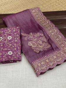 Elegante bordado Running Days Wear Último estilo Bollywood Hermoso diseñador Glass Tissue Silk Saree para damas - Product Image 2