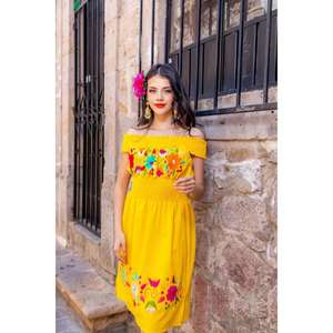Vestido Midi Bohemio Étnico de Verano para Mujer, Amarillo, Hombros Descubiertos, Bordado Floral, Cintura Fruncida, Algodón Informal - Product Image 1