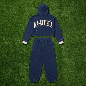 Conjunto Deportivo Personalizado para Mujer, Sudadera Corta Azul Marino y Pantalones Anchos de Felpa, Ropa Deportiva Urbana, Venta al Por Mayor OEM - Product Image 5