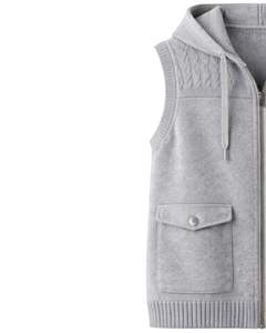 Gilet sans manches en tricot torsadé gris clair pour homme, personnalisé, en laine et acrylique mélangés, fermeture éclair intégrale, pull décontracté d'hiver avec poches - Product Image 3