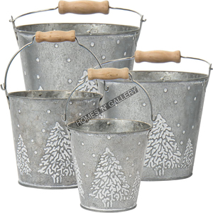 Silver Metal <b>Plant</b> <b>Baskets</b> Xmas Design Wooden Handle Garden Planter Pots Galvanized Buckets Pails Home Nursery Floor Pack - Product Image 1