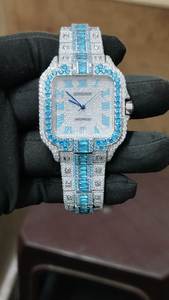 Reloj de Lujo Cuadrado con Incrustaciones de Diamantes de Imitación Azules VVS en Acero Inoxidable |   Reloj de Pulsera de Cuarzo con Alarma, Estilo Hip Hop - Product Image 4