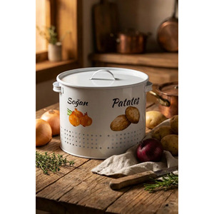 2-Compartment Large Potato and Onion Storage <b>Box</b> with Metal Lid and Design Print, Vegetable <b>Container</b>, White - Product Image 5
