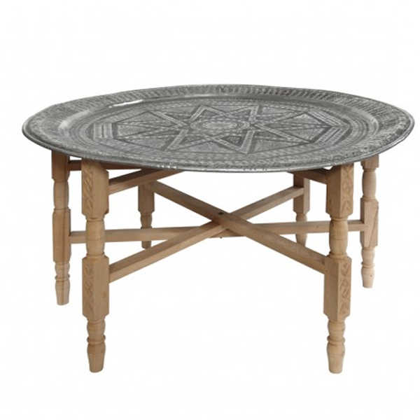 銅製アンティークモロッココーヒーテーブル クラシック木製ベース 四脚