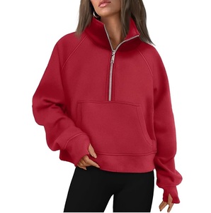 Women's <b>Cropped</b> <b>Zip</b>-<b>Up</b> Sweatshirt Solid Red Long Sleeve Fleece Stand Collar Autumn Wear - Product Image 1