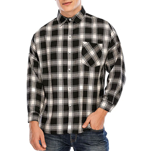 Chemise décontractée à manches longues en flanelle à carreaux noirs et blancs pour homme, col rabattu, respirante, en coton, pour l'automne - Product Image 6
