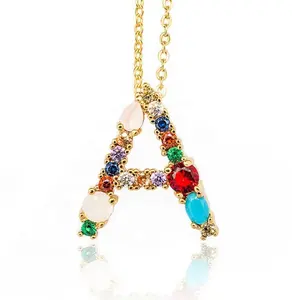 SC New Trendy Elegant Colorful Zircon Necklace Fashion Simple Charm 26 Initial Letter Pendant Necklace for Women
