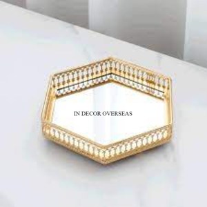 Plateau de luxe de forme ronde avec miroir et bordures en métal de la meilleure qualité pour servir de la nourriture et d'autres articles Fourniture de pièce maîtresse de table basse - Product Image 3