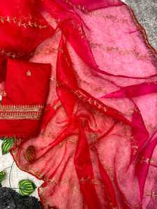 Saree en soie organza pure et douce avec broderie lourde de 3 mm 2 couleurs vêtements indiens et pakistanais - Product Image 3