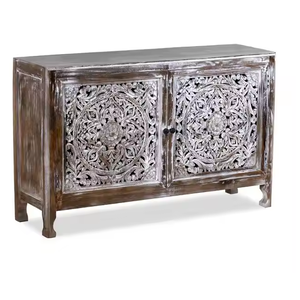 Aparador tradicional de madera maciza hecho a mano, detalles tallados, altura ajustable multiusos para sala de estar - Product Image 2