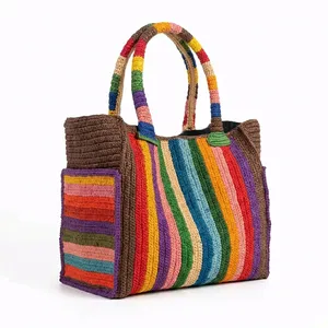 Striped <b>Raffia</b> Tote Bag Bohemian <b>Handbag</b> Water-Resistant Open Top Cotton Lining Portable for Spring Beach Travel Daily Use - Product Image 5