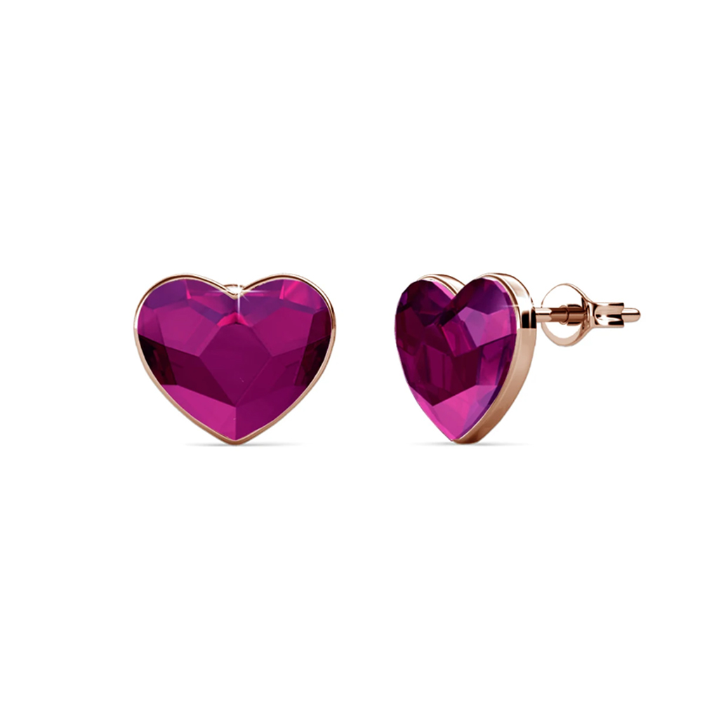 Brass With 18k RG Plated Bright Pink Heart Crystal Stud Earrings