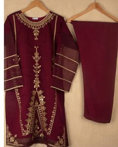 INDIAN & PAKISTANI STYLISH EMBROIDERY on SILK MAROON <b>KURTA</b> WITH PANT DRESS for Party-wear-dress for Party/ Wedding=2023 - Product Image 1