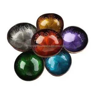 Handmade Vietnamese Mother Of Pearl Eggshell Seashell Inlaid Lacquer Coconut Shell Bowls With Custom Colors