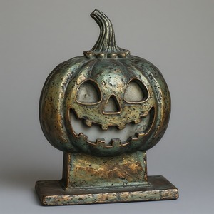 Elegante linterna de calabaza de aluminio, pulida a mano con arte de pátina, que irradia una calidez brillante en un Halloween refinado - Product Image 6
