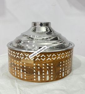 Réchaud rond en métal en bois nouveauté Design chauffe-aliments chauffe-aliments fabriqué en acier inoxydable et bois de manguier - Product Image 3