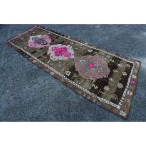 Alfombra de lana Vintage hecha a mano rectángulo grande 4,2X10,4 pies diseño de retazos en marrón rosa para dormitorio pasillo sala de estar látex - Product Image 2