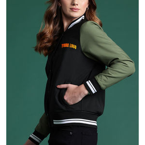 Vente en gros de patchs de broderie personnalisés pour femmes, veste universitaire à col montant et manches en cuir biologique, vêtements d'automne pour femmes. - Product Image 2