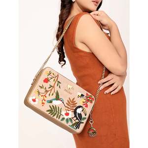 Vegan Leather Square Shape Shoulder Bag with Chain Strap and Embroidery Logo for Women Beige 1-1.9L Capacity Priglob Exim - Product Image 5