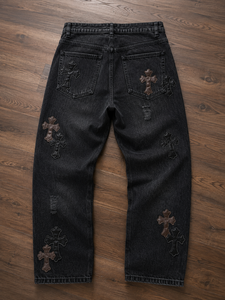 Jeans en denim noir coupe droite pour homme, style gothique streetwear, délavage vintage, OEM, marque privée, été - Product Image 2