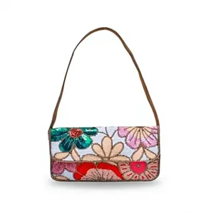Sac fourre-tout carré rose brodé et imprimé au sérigraphie avec motif citron et perles, style classique, idéal pour les voyages - Product Image 5