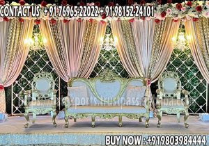 Lujoso conjunto de sofá plateado tallado pesado para boda, elegante conjunto de sofá plateado para novia, novio, sentado, sofá de boda real para escenario Reino Unido - Product Image 5