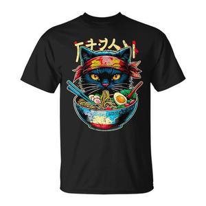 T-shirt promotionnel sur le thème des chats, avec motifs de chats kawaii d'anime japonais et de nouilles ramen - Product Image 1