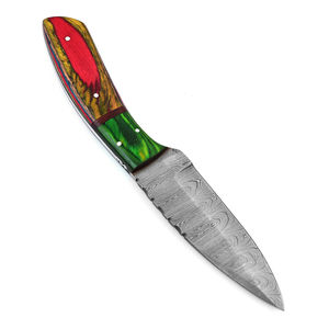 Couteau de chasse/camping Moluccan Eclectus fait main en acier Damas, lame pleine longueur à pointe tombante, manche en bois de Pakka, étui en cuir - Product Image 3