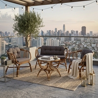 Ensemble de meubles de jardin d'extérieur de luxe en rotin poli naturel, canapé, fauteuils, table basse en verre, pour patio, salon, hôtel