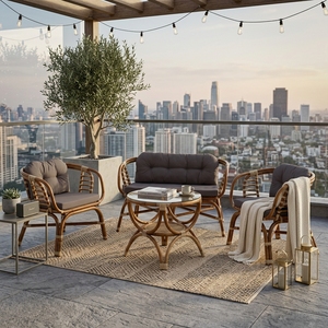 Natural Polished <b>Rattan</b> Outdoor Garden Furniture Set <b>Sofa</b> Armchairs Glass Coffee Table Patio Setup Room Decor Art Pure Design - Product Image 4