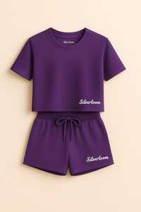 เซ็ตเสื้อครอปและกางเกงขาสั้นสำหรับผู้หญิงทำจากผ้าฝ้าย | ผ้ายืดเนื้อนุ่ม | เสื้อผ้าร่วมสไตล์ลำลองหรือใส่ออกกำลังกายโลโก้ได้ตามต้องการ - Product Image 4
