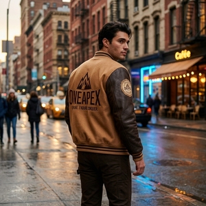 Blouson Bomber Homme Personnalisé en Laine Marron et Cuir avec Manches en Cuir, Style Universitaire, Patch Brodé, OEM - Product Image 2