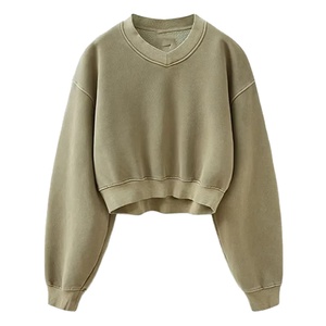 Sudaderas de Cuello en V de Felpa de Algodón Grueso GSM al por Mayor OEM, Sudaderas de Invierno para Mujer, Estilo Crop Pullover, Sudaderas Cálidas con Cuello en V - Product Image 1