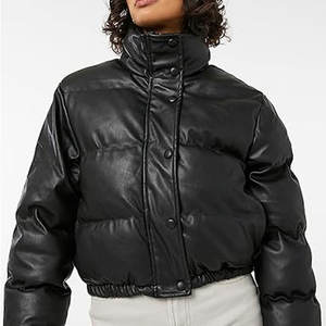 <b>Womens</b> <b>Leather</b> Puffer <b>Jacket</b> Winter <b>Long</b> Sleeve Black Short Bubble Coat Quilted Warm Outerwear Stylish Casual Coat - Product Image 5