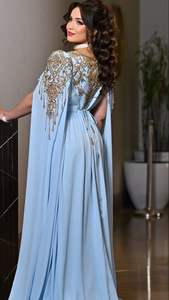 2025 @ Vestido caftán azul cielo para mujer con mangas largas elegantes con cuentas de cristal adornadas, Dabka, perlas, trabajo con piedra - Product Image 3