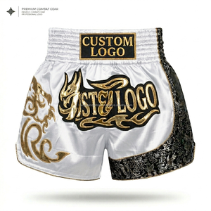 Vente en gros de shorts de lutte personnalisés avec logo sur le devant, durables, 180g, en satin premium, unisexes, pour le kickboxing et le MMA - Product Image 3
