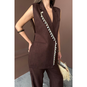 Conjunto de Traje de Lino Marrón para Mujer, Chaleco con Cuello y Estampado de Conchas de Almeja y Pantalones - Marrón Elegante - Product Image 6