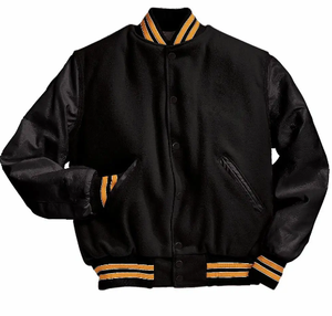 แจ็คเก็ตทีมเบสบอลเลตเทอร์แมนสำหรับผู้ชายอเมริกันแขนเสื้อหนังแท้สีดำขาว/ดำ - Product Image 6