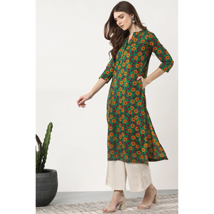 Women's Green Floral Printed Cotton A-Line <b>Kurta</b> Elegant Trendy Day <b>Dress</b> Custom Design Free Size Breathable Feature Retail - Product Image 2