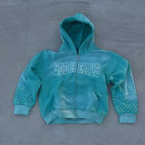 OEM personnalisé hommes Vintage à capuche en éponge française surdimensionné lourd coton strass en détresse soleil délavé à l'acide sweat à capuche zippé - Product Image 6