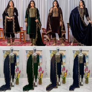 Conjunto de ropa de fiesta de diseñador, parte inferior superior de terciopelo viscosa pura pesada y Dupatta con bordado de secuencia de 5mm y mangas elegantes - Product Image 6