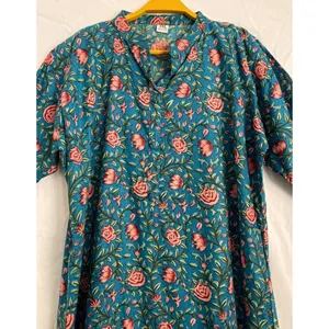 เดรสผ้าฝ้ายพิมพ์ลายดอกไม้สีเขียวสไตล์โบฮีเมียนสำหรับผู้หญิง คอวี ทรงหลวม ฟรีไซส์ (XS-XL) ระบายอากาศได้ดี สวมใส่สบาย  ไซส์พลัส เหมาะสำหรับใส่ไปชายหาด - Product Image 2